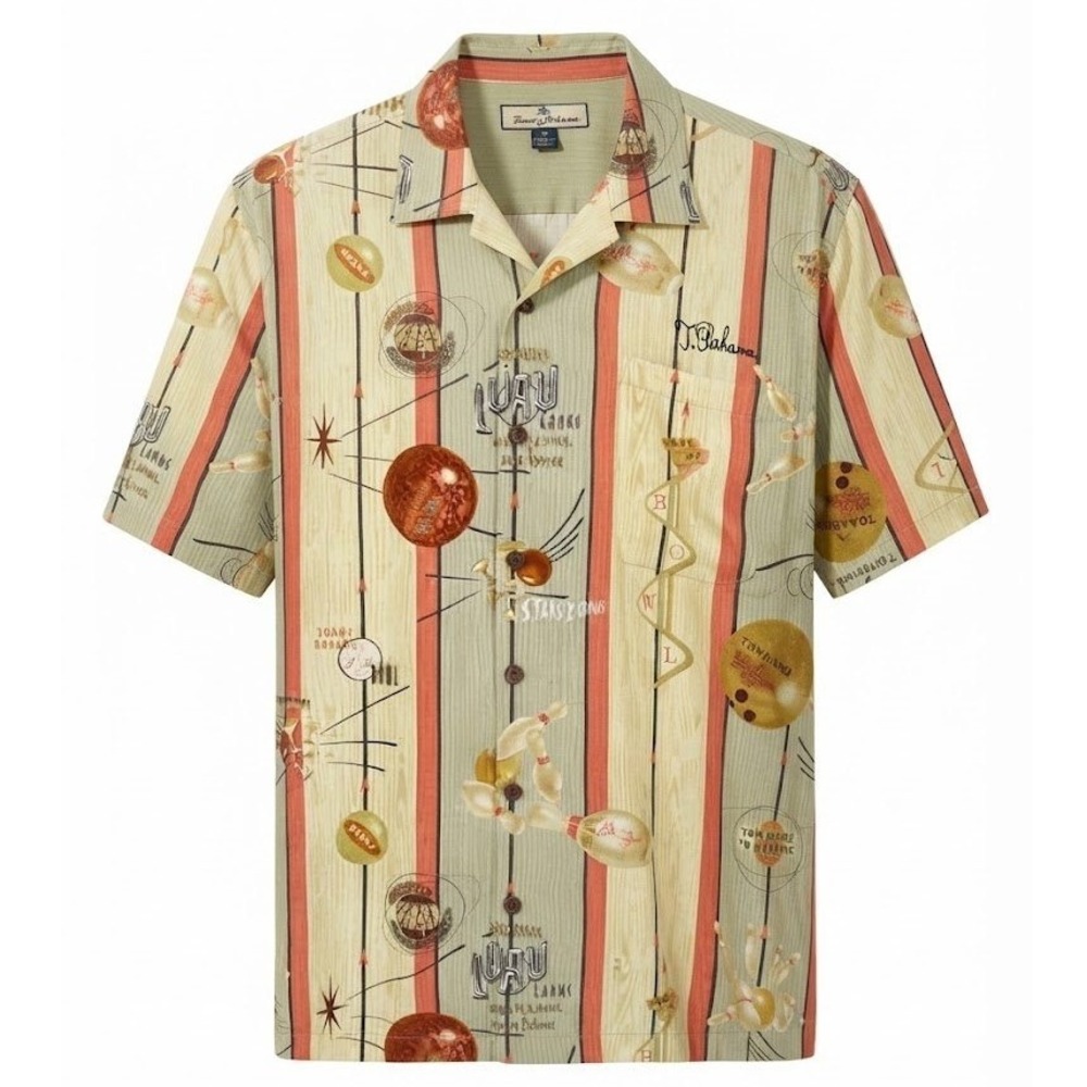 Tommy Bahama Mens XXL 2XL Silk Bowling Camp Shirt Luau Lanes Striped Yellow